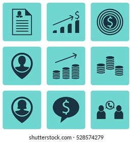 Set Of 9 Human Resources Icons. Can Be Used For Web, Mobile, UI And Infographic Design. Includes Elements Such As Coins Growth, Business Deal, Business Goal And More.