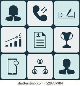 Set Of 9 Human Resources Icons. Can Be Used For Web, Mobile, UI And Infographic Design. Includes Elements Such As Tree Structure, Successful Investment, Messaging And More.