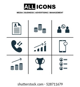 Set Of 9 Human Resources Icons. Can Be Used For Web, Mobile, UI And Infographic Design. Includes Elements Such As Messaging, Cellular Data, Curriculum Vitae And More.