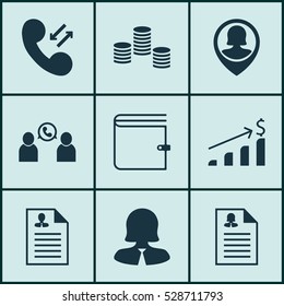 Set Of 9 Human Resources Icons. Can Be Used For Web, Mobile, UI And Infographic Design. Includes Elements Such As Cellular Data, Wallet, Pin Employee And More.
