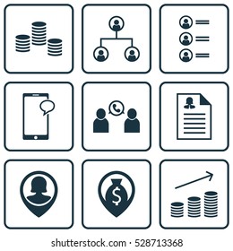 Set Of 9 Human Resources Icons. Can Be Used For Web, Mobile, UI And Infographic Design. Includes Elements Such As Female Application, Coins Growth, Pin Employee And More.