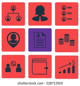 Set Of 9 Human Resources Icons. Can Be Used For Web, Mobile, UI And Infographic Design. Includes Elements Such As Money, Phone Conference, Successful Investment And More.
