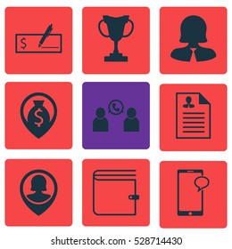 Set Of 9 Human Resources Icons. Can Be Used For Web, Mobile, UI And Infographic Design. Includes Elements Such As Curriculum Vitae, Money Navigation, Business Woman And More.