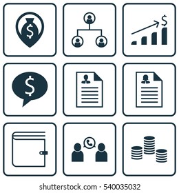 Set Of 9 Human Resources Icons. Includes Successful Investment, Money Navigation, Curriculum Vitae And Other Symbols. Beautiful Design Elements.