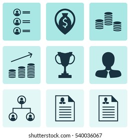Set Of 9 Human Resources Icons. Includes Female Application, Tree Structure, Tournament And Other Symbols. Beautiful Design Elements.