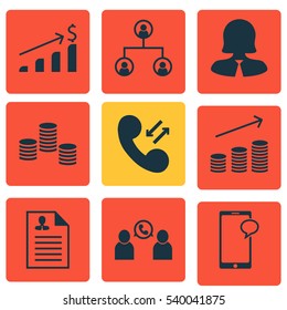 Set Of 9 Human Resources Icons. Includes Curriculum Vitae, Tree Structure, Cellular Data And Other Symbols. Beautiful Design Elements.