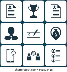 Set Of 9 Human Resources Icons. Includes Female Application, Phone Conference, Tournament And Other Symbols. Beautiful Design Elements.