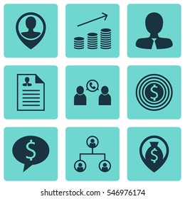 Set Of 9 Human Resources Icons. Includes Curriculum Vitae, Money Navigation, Business Goal And Other Symbols. Beautiful Design Elements.