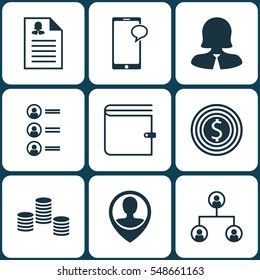 Set Of 9 Human Resources Icons. Includes Female Application, Messaging, Employee Location And Other Symbols. Beautiful Design Elements.