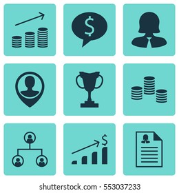 Set Of 9 Human Resources Icons. Includes Tree Structure, Employee Location, Business Deal And Other Symbols. Beautiful Design Elements.