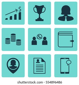 Set Of 9 Human Resources Icons. Includes Money, Female Application, Pin Employee And Other Symbols. Beautiful Design Elements.