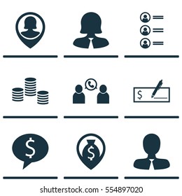 Set Of 9 Human Resources Icons. Includes Business Woman, Pin Employee, Money Navigation And Other Symbols. Beautiful Design Elements.