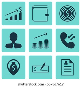 Set Of 9 Human Resources Icons. Includes Manager, Successful Investment, Coins Growth And Other Symbols. Beautiful Design Elements.