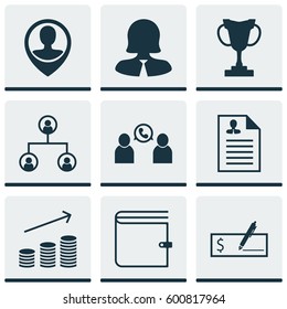 Set Of 9 Human Resources Icons. Includes Phone Conference, Coins Growth, Tournament And Other Symbols. Beautiful Design Elements.