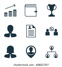 Set Of 9 Human Resources Icons. Includes Phone Conference, Tree Structure, Coins Growth And Other Symbols. Beautiful Design Elements.