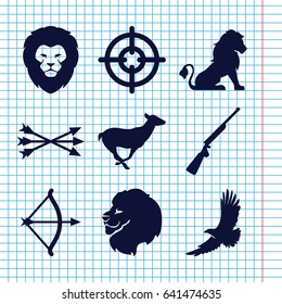 Set of 9 hunting filled icons such as lion, eagle, antelope, arrow bow, bow, hundting gun