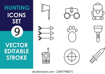 A set of 9 hunting icons in vector line art style: axe, binoculars, backpack, arrows, paw print, flashlight, radio, crosshair, and knife