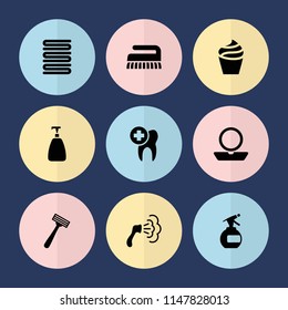 Set of 9 hygiene filled icons such as spray bottle, powder, soap, cream, razor, towels, shower, clean brush