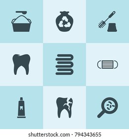 Set of 9 hygiene filled icons such as bacteria, garbage, washing powder, toilet brush, towels, tooth, medical mask