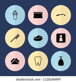Set of 9 hygiene filled and outline icons such as razor, sponge, napkin, electric razor, toothbrush, tooth, man wc, baby bath
