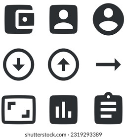 Juego de 9 iconos Acciones. Conjunto de iconos de soluciones empresariales creativas. Simple Set. Conjunto de iconos lineales. Paquete de iconos finos rellenos. UI de usuario