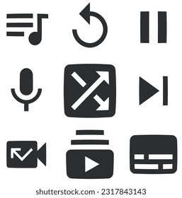 Set von 9 Symbolen Audio und Video. Moderne Dünnzeilensymbole. Stellen Sie das Symbol Qualität ein. Lineare Symbole gesetzt. Das große UI-Icon-Set. UX-Benutzeroberfläche