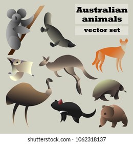 Set 9 icons Australian animals koala kangaroo dingo dog emu platypus Tasmanian devil wombat echidna flying squirrel 