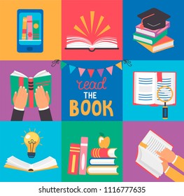 Set of 9 icons with book concepts - knowledge, learning and education, in flat design style. Abstract pile of books, open and closed books, hands with books. Vector illustration.