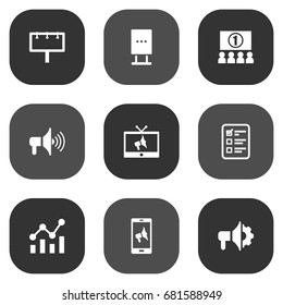 Set Of 9 Icons Set. Collection Of Customer Summary, Billboard, Bullhorn And Other Elements.