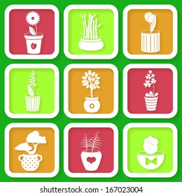 Set of 9 icons of different plants and flowers growing in pots. Eps10