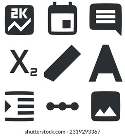 Set of 9 icons Editor. Vector illustration of thin line icons. Set Quality icon. Linear icons set. Thin filled icons pack. UX UI