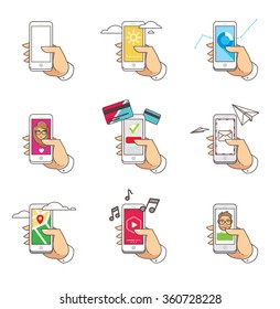 Set of 9 icons of a hand with mobile phone in flat style