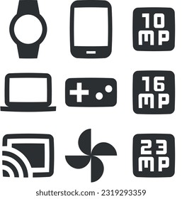 Conjunto de 9 iconos Hardware. Iconos modernos de línea delgada. Contorno a signos aislados. para móviles y web. Paquete de iconos finos rellenos. UI de usuario