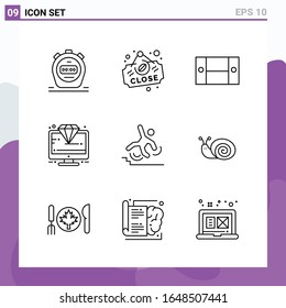 Conjunto de 9 iconos en estilo Línea. Símbolos de esquema creativo para diseño de sitio web y aplicaciones móviles. Signo de icono de línea simple aislado en fondo blanco. 9 Iconos.
