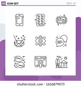 Set von 9 Symbolen im Zeilenstil. Kreative Symbole für Website-Design und mobile Apps. Einfaches Symbol für eine Linie einzeln auf weißem Hintergrund. 9 Symbole.