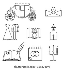 Set of 9 icons in a linear style on the theme of the wedding. Vector elements for your design