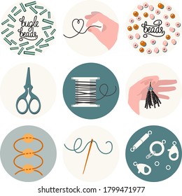 Set of 9 icons for needlework and beading in flat style. Accessories for jewelry, sewing needle, scissors, scheme, hand with thread, spool of thread, beads and lettering. Emblem, logo in natural color