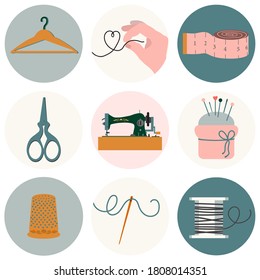 Set of 9 icons for needlework and sewing in flat style. Clothes rack, needle, scissors, measuring tape, hand with thread, spool of thread, pincushion, thimble, sewing machine. Emblem, logo in color