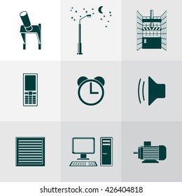A set of 9 Icons on Life Work and Activity Switch Dusk Press Mobile Alarm Clock Speaker Roller Shutters Computer Engine - Dark Blue Symbols on Grey Background - Infographic Silhouette Style