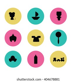 set of 9 icons.  one-colored baby-toy symbol on colorful circle. 