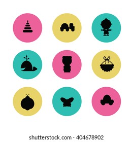 set of 9 icons.  one-colored baby-toy symbol on colorful circle. 