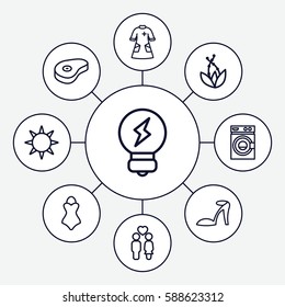 Set of 9 icons outline icons such as heel sandals, washing machine, beef, couple, nurse gown, bulb, hotel, swimsuit