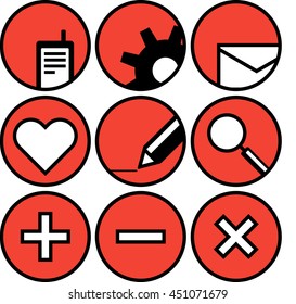 Set of 9 icons in red, black and white.