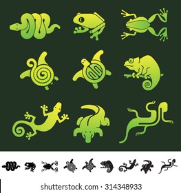 Set of 9 icons with reptiles and frogs silhouettes.
