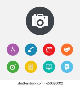 Set Of 9  Icons Set.Collection Of Case, Photo, Compass And Other Elements.