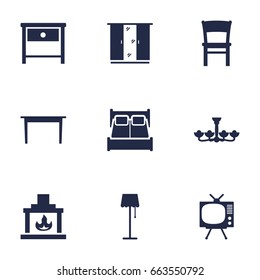Set Of 9 Set Icons Set.Collection Of Desk, Cupboard, Stool And Other Elements.