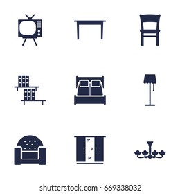 Set Of 9 Set Icons Set.Collection Of Desk, Bookcase, Cupboard And Other Elements.