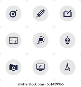 Set Of 9  Icons Set.Collection Of Screen, Bulb, Science And Other Elements.