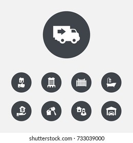 Set Of 9  Icons Set.Collection Of Skyscraper, Truck, Barrier And Other Elements.
