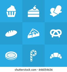 Set Of 9  Icons Set.Collection Of Striped Lollipop, Cake, Potholders And Other Elements.